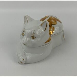 Vintage Elizabeth Arden Gold Bow Kitty Cat Shaped Ceramic Trinket Box Japan